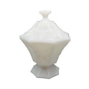 Anchor Hocking Milk Glass Pedestal Lidded Candy Dish Grape Pattern Paneled